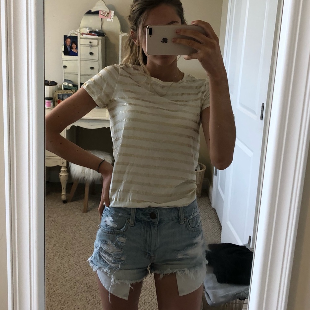 J. Crew Off-White with Gold Stripes Tissue T-Shirt